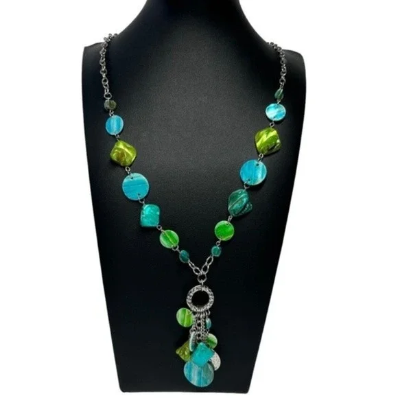 Seaside Bohemian Blue Green Silver Tone Statement Necklace # 246 - Picture 1 of 8